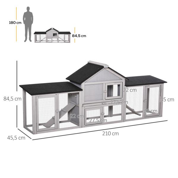 Coelheira de Exterior Grande Gaiola de Madeira para 2 - 4 Coelhos com Teto Asfáltico Recinto de Arame Bandeja Removível e Rampas 210x45,5x84,5cm Cinza e Preto