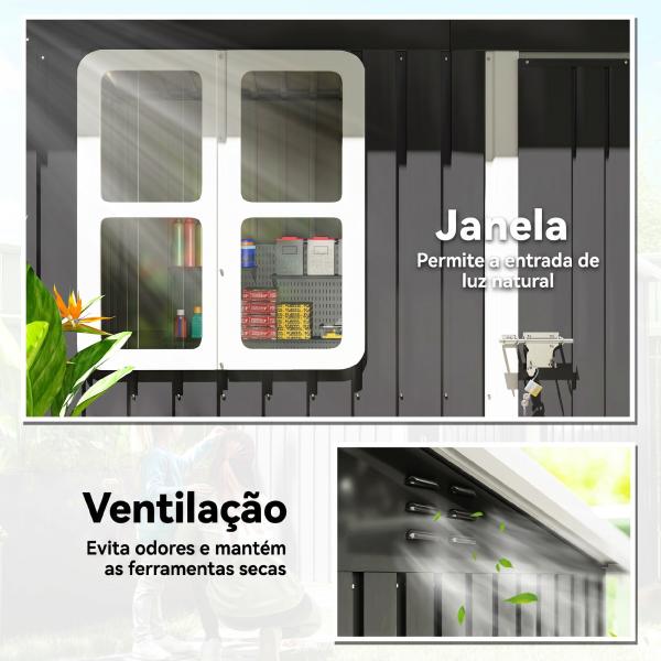 Abrigo de Jardim Exterior 2,55 m² 221x133x190 cm com Janela Porta com Fechadura e Ventilações Cinzento Escuro
