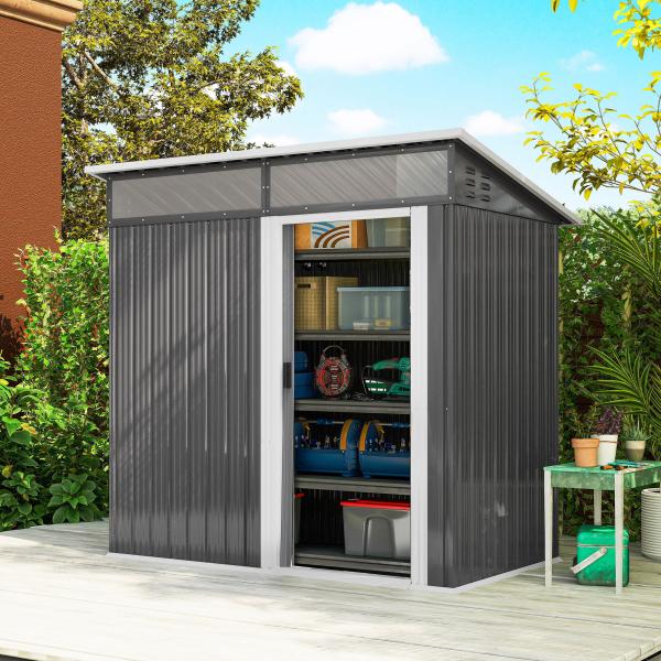 Abrigo de Jardim 1,9m² 195x122x182 cm com Base Reforçada (Chão NÃO Incluído) Porta Corredera Janelas Abrigo de Ferramentas Cinza Escuro