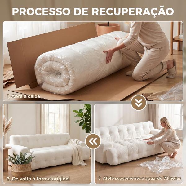 Sofá de 3 Lugares em Chenille sem Estrutura com Assento Profundo e Acabamento Capitoné, Creme