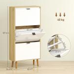 Sapateira Estreita com 3 Portas em Branco Brilhante Prateleiras Ajustáveis Pernas de Madeira para 18 Pares de Sapatos 60x24x127 cm