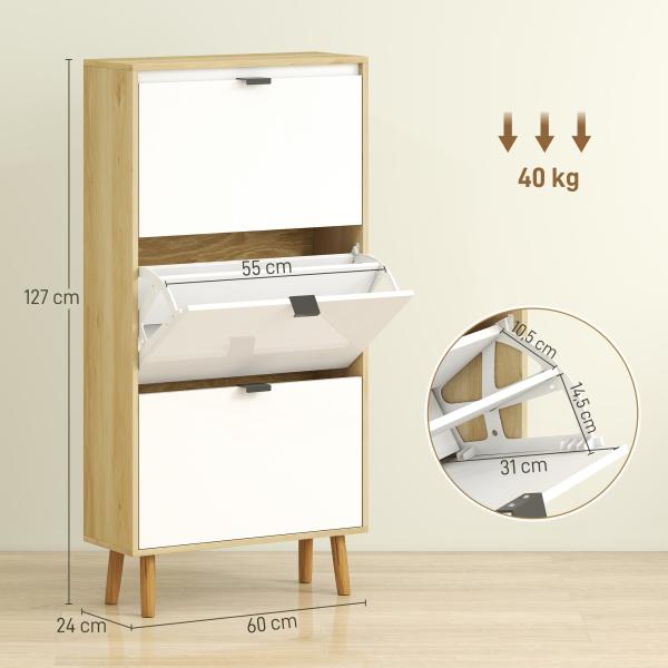 Sapateira Estreita com 3 Portas em Branco Brilhante Prateleiras Ajustáveis Pernas de Madeira para 18 Pares de Sapatos 60x24x127 cm