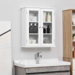 Armário Casa de Banho de Parede com 2 Portas de Cristal Armário Suspenso com Prateleiras Ajustáveis em Altura Multiuso para Cozinhas Sala de Estar 55x20x65cm Branco