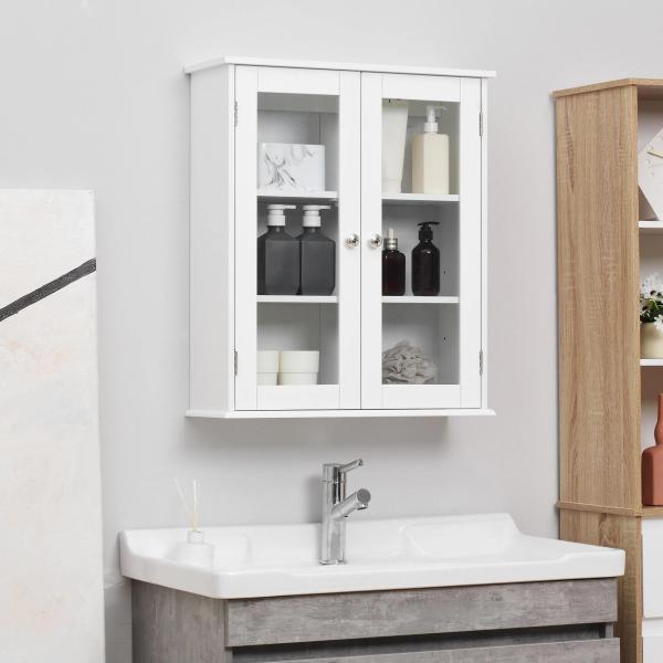 Armário Casa de Banho de Parede com 2 Portas de Cristal Armário Suspenso com Prateleiras Ajustáveis em Altura Multiuso para Cozinhas Sala de Estar 55x20x65cm Branco