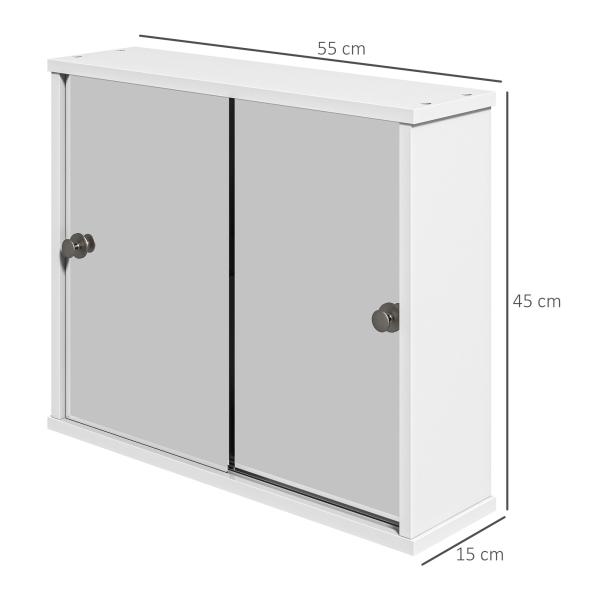 Armário Casa de Banho com Espelho Prateleira Ajustável e Porta de Correr Dupla com Espelho 55x15x45 cm Branco Brilhante
