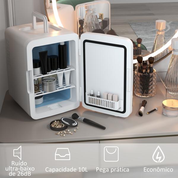 Mini Frigorífico para Cosméticos 10L 12V/240V para Arrefecer e Aquecer com Espelho de Luzes LED 23,5x28x34 cm Branco