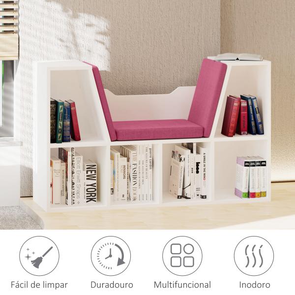 Estante Infantil com Assento Estante com 6 Cubos e Banco com Almofada 102x30x61cm Branco e Rosa