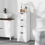Armário Estreito de Casa de Banho com 4 Gavetas e Puxadores Embutidos para Espaços Reduzidos 29x29x83 cm Branco