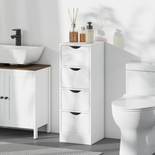Armário Estreito de Casa de Banho com 4 Gavetas e Puxadores Embutidos para Espaços Reduzidos 29x29x83 cm Branco