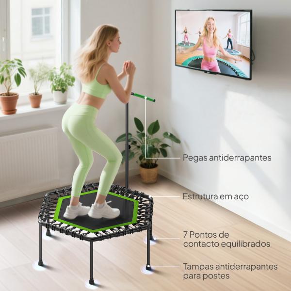 Trampolim Fitness 114x114x132 cm com Guiador Ajustável em 3 Níveis Estrutura de Aço para Treino de Perna Corpo Verde