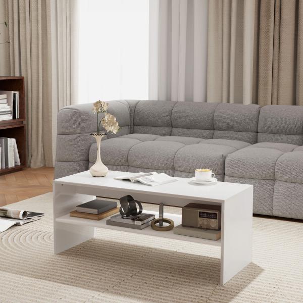 Mesa de Centro Mesa Auxiliar com Compartimento Aberto Mesa de Café para Sala de Estar 100x40x41,5 cm Branco Brilhante