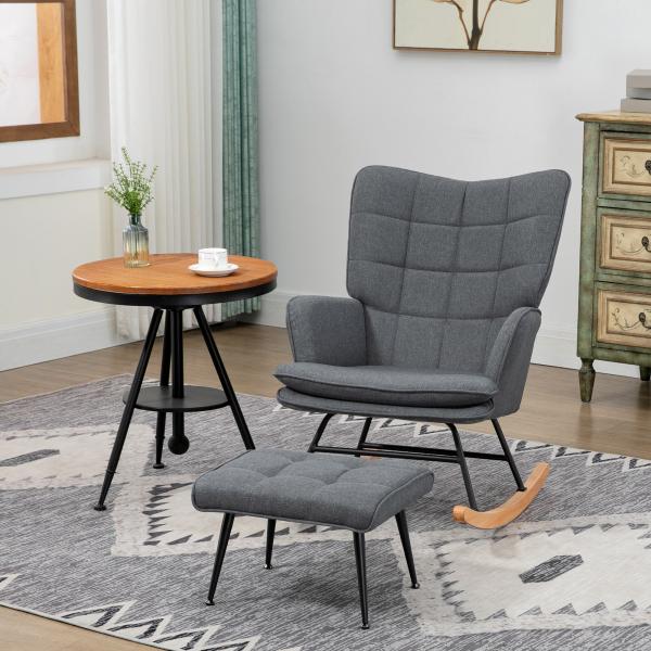Conjunto de Poltrona Baloiço com Apoio para os Pés Poltrona Relax com Almofada Acolchoada e Anti - Tombo 64x89x90 cm Cinza