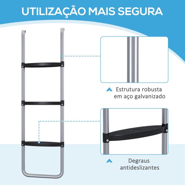 Escada para Trampolim de Aço Escada para Trampolim de 3 ou 2 Degraus com 2 Ganchos Capacidade 120 kg 110x32 cm Prata