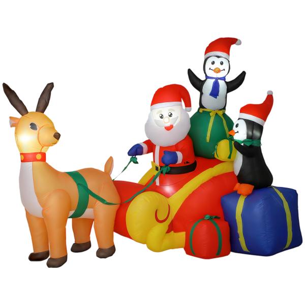 Pai Natal Insuflável com Trenó Pinguins e Renas Insufláveis de Natal com Luzes LED Decoração de Natal 180x120x155 cm Multicor