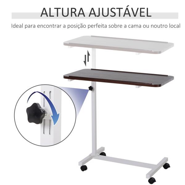 Mesa Auxiliar com Rodas para Sofá e Cama Altura Ajustável e Estrutura de Aço 77x40x76 - 100 cm Nogueira Escura