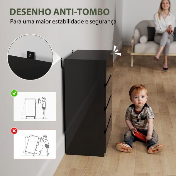 Cómoda com 4 Gavetas de Madeira Cómoda de Dormitório Cómoda Branca para Sala de Estar Estilo Moderno 55x34x80 cm Preto