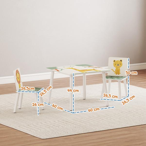 Mesa e Cadeiras para Crianças de 3 Peças Mesa Infantil com 2 Cadeiras em Madeira com Desenhos de Leões Verde