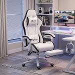 Cadeira Gaming de Couro PU com Altura Ajustável Reclinável 135° e Apoio para os Pés Retrátil 65x65x121 - 129 cm Branco e Preto
