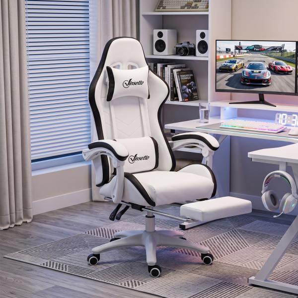 Cadeira Gaming de Couro PU com Altura Ajustável Reclinável 135° e Apoio para os Pés Retrátil 65x65x121 - 129 cm Branco e Preto