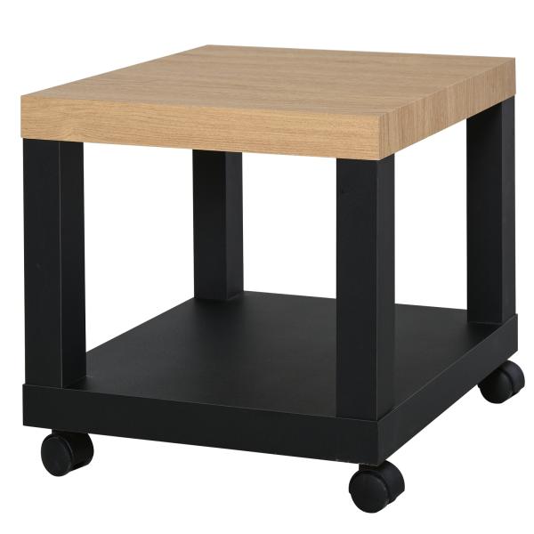 Mesa de Apoio para sofá mesa lateral com prateleira aberta Rodas 40x40x40 Preto e Madeira