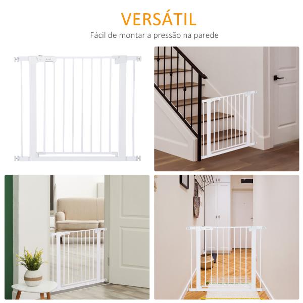 Barreira de Segurança para Cães Animais de Estimação 75 - 96cm para Escadas Portas e Corredores com Fechamento Automático Altura 76cm Branco