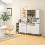 Armário de Cozinha Alto com 4 Portas, Prateleiras Ajustáveis, Gaveta e Compartimentos Abertos, 98x39x180 cm, Branco e Natural