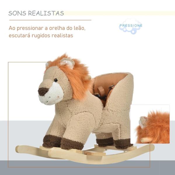 Baloiço Infantil em Forma de Leão de Pelúcia para Bebés 18 - 39 Meses com Som Cinto de Segurança Guidão Apoio para os Pés 68x35x50cm Marrom