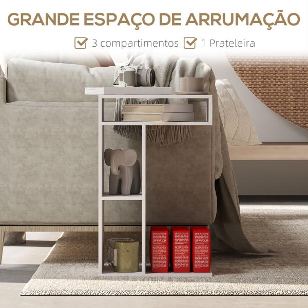Mesa Auxiliar em Forma de C Mesa Auxiliar para Sofá com Rodas Compartimentos Abertos 40x30x69 cm Branco