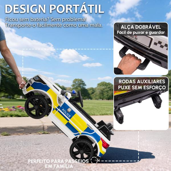 Carro Elétrico Crianças 12V Policial com Bluetooth USB Luz Sirene 110x68x52 cm Brincar Infantil Branco