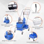 Carro de Limpeza Profissional com Rodas Balde de Esfregona Removível de 25L Espremedor Cesto e Cubeta 72x49,5x95 cm Azul