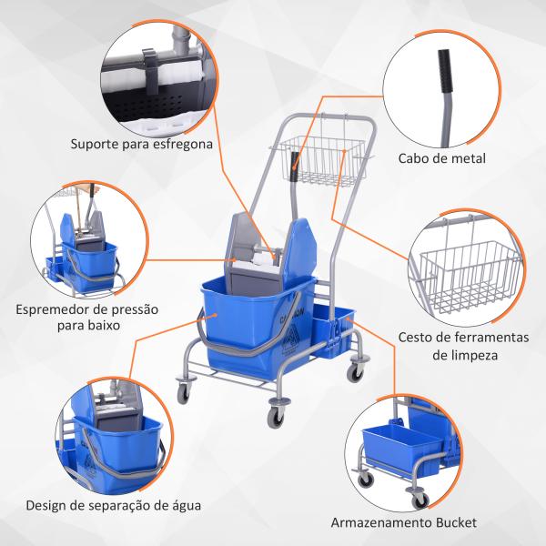 Carro de Limpeza Profissional com Rodas Balde de Esfregona Removível de 25L Espremedor Cesto e Cubeta 72x49,5x95 cm Azul