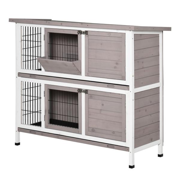 Coelheira de Madeira Exterior de 2 Níveis Gaiola para 1 - 2 Coelhos com Telhado com Abertura Comedouro Bandejas Removíveis Rampa e Portas com Fechadura 122x50x101cm Cor Areia
