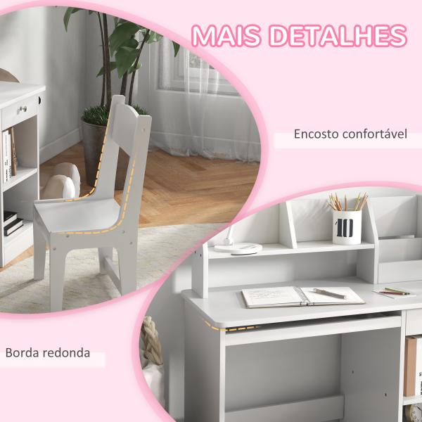 Conjunto de Secretária e Cadeira para Crianças com 2 Gavetas e Compartimento para Dormitório Sala de Estudo Branco