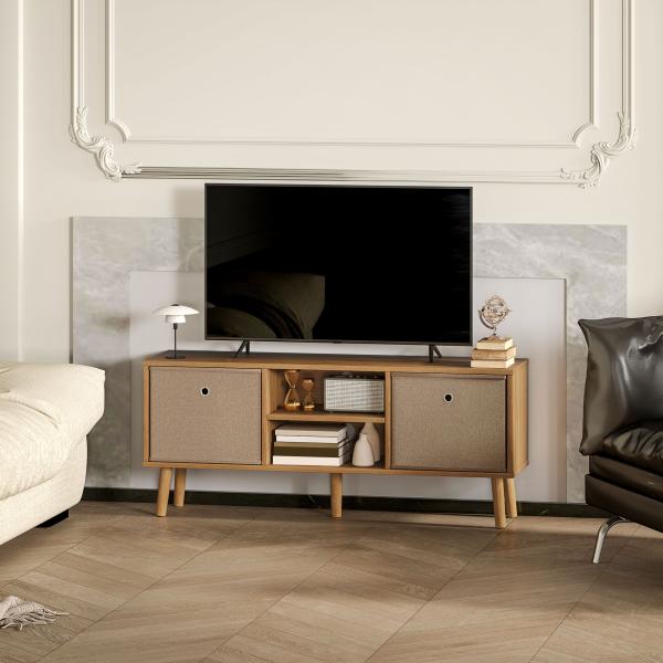 Móvel de TV para Televisores de até 50 Polegadas com 2 Gavetas de Tecido 2 Prateleiras Abertas 110x29x46,5 cm Madeira e Castanho Claro
