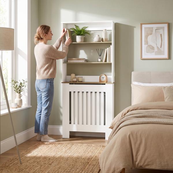 Cobre - radiador com Design Ripado, Estante de 3 Níveis, 78x19x165 cm, Branco e Carvalho