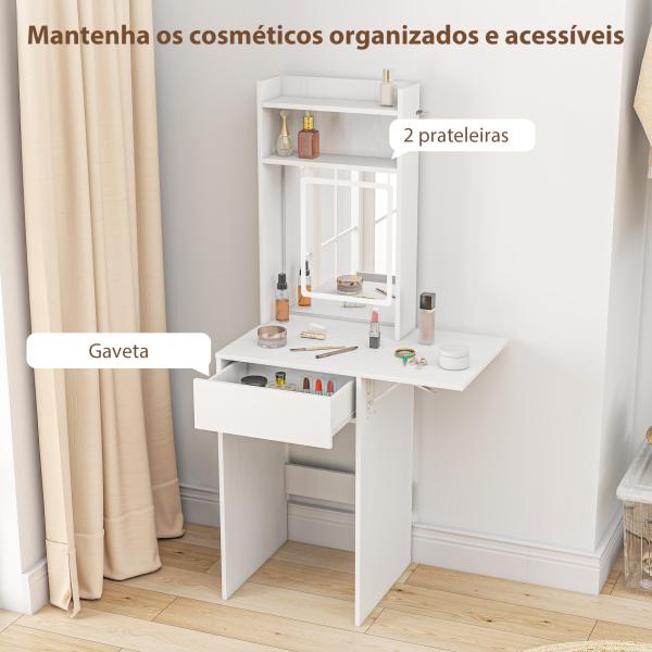 Tocador de Maquilhagem com Luzes LED de Cor Ajustável e Espelho Tocador com Lateral Rebatível Gaveta 45x45x152 cm Branco
