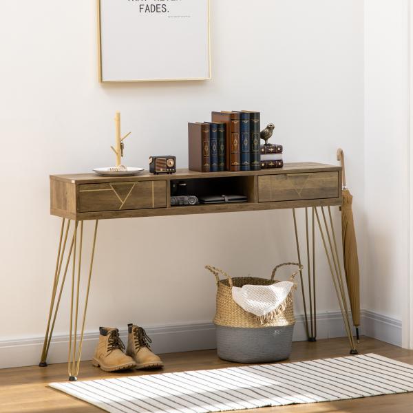 Consola Móvel de Entrada com 2 Gavetas Prateleira Aberta e Pés de Aço Estilo Moderno 120x29x79cm Madeira e Bronze
