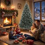 Árvore de Natal Artificial 180 cm com 802 Pontas Efeito Nevado, 59 Pinhas e Base Metálica Dobrável Verde e Branco