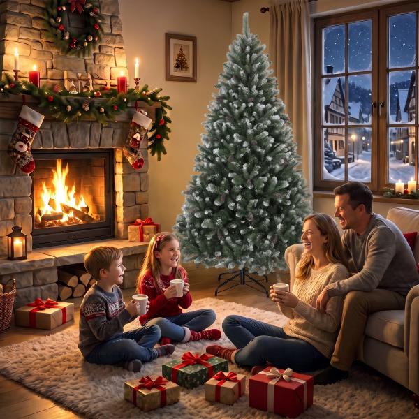 Árvore de Natal Artificial 180 cm com 802 Pontas Efeito Nevado, 59 Pinhas e Base Metálica Dobrável Verde e Branco