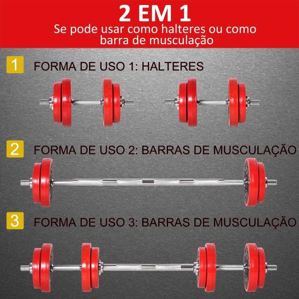 Conjunto de Halteres Ajustáveis HOMCOM 20 kg 2 em 1 — 8 Discos, 2 Barras e Extensor, Preto/Vermelho