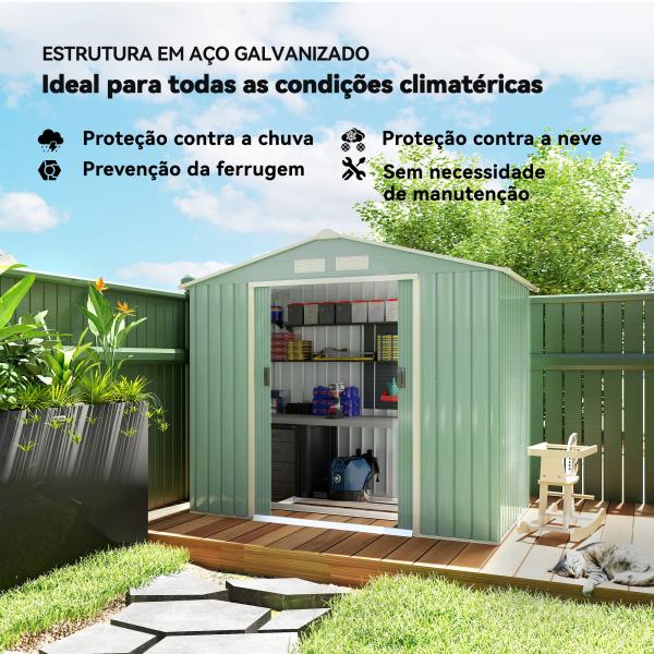 Abrigo de Jardim 213x130x185cm Abrigo de Jardim Metálico de Exterior com 2 Portas Deslizantes e 4 Janelas Verde Claro