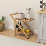 Carrinho de Cozinha em Bambu com Rodas, Dobrável, Garrafeira, 2 Prateleiras, 66x40x70 cm, Natural