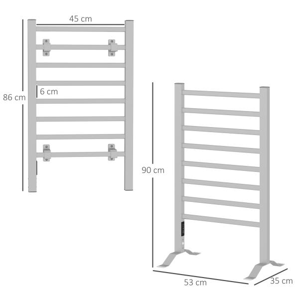 Toalheiro Elétrico de Parede ou Solo 150 W com Função de Temporizador e 8 Barras para Casa de Banho 53x35x90 cm Prata