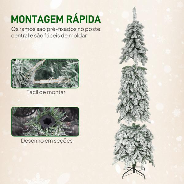 Árvore de Natal Estreita 225 cm Árvore de Natal Nevada com Luzes LED Temporizador 11 Modos de Iluminação Verde