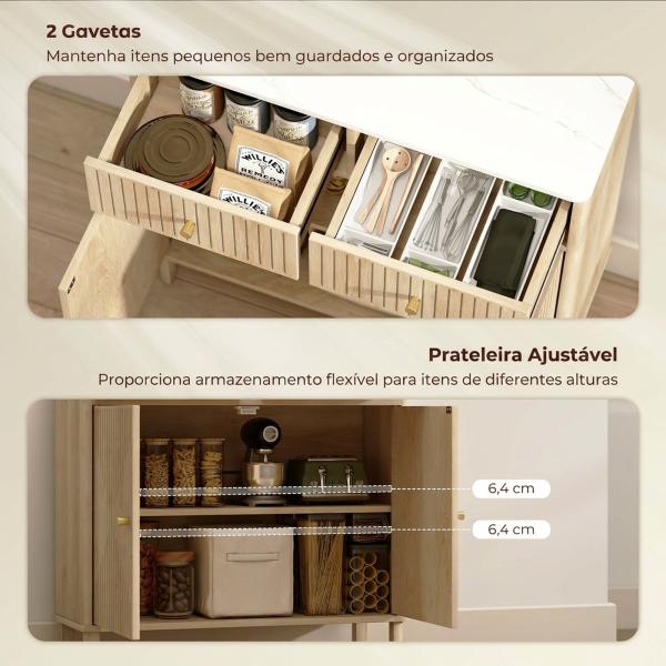 Aparador com 2 Portas e 2 Gavetas, Aparador Moderno para Sala com Prateleira Ajustável e Tampo Efeito Mármore, 77x30x80 cm, Carvalho