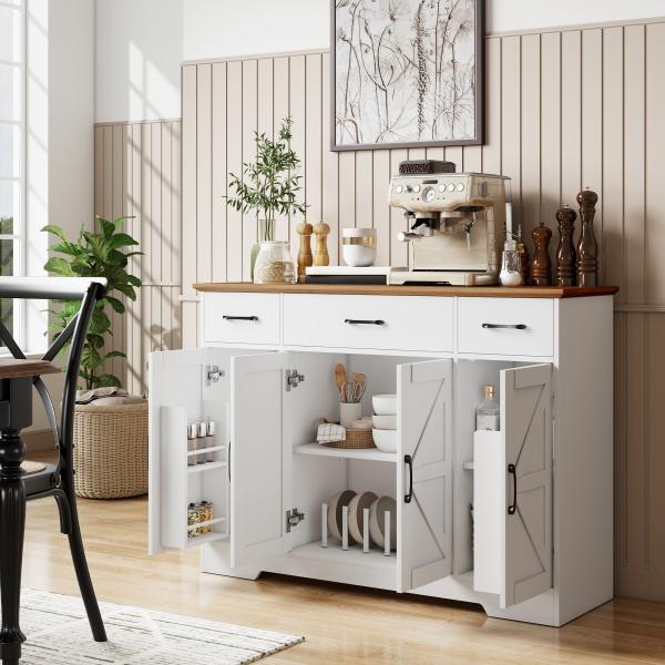 Aparador de Cozinha Rústico 4 Prateleiras de Porta Prateleiras Ajustáveis 3 Gavetas 120x38x87 cm Branco e Nogueira