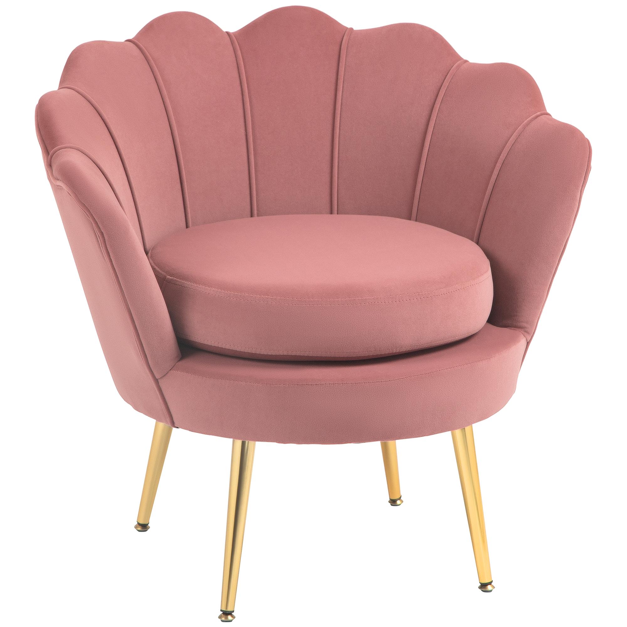 Poltrona de Sala Estofada em Veludo com Encosto em Forma de Concha e Pernas Douradas 76x67x74 cm Rosa