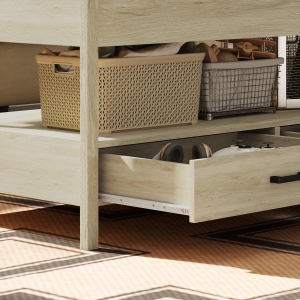 Mesa de Centro com Bancada Elevável Espaço Oculto de Armazenamento Gavetas e Prateleira Aberta 100x50x48 - 62 cm Carvalho