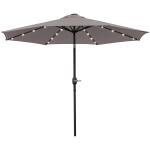 Chapéu de Sol para Terraço Exterior, Ø265 cm, Guarda - sol de Jardim com 32 Luzes LED Solares, Poste de Aço e Manivela Inclinável, para Pátio, Terraço, Cinzento
