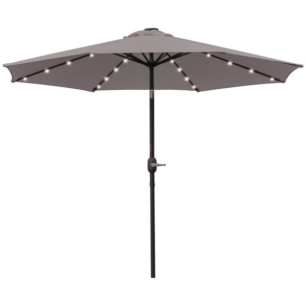 Chapéu de Sol para Terraço Exterior, Ø265 cm, Guarda - sol de Jardim com 32 Luzes LED Solares, Poste de Aço e Manivela Inclinável, para Pátio, Terraço, Cinzento